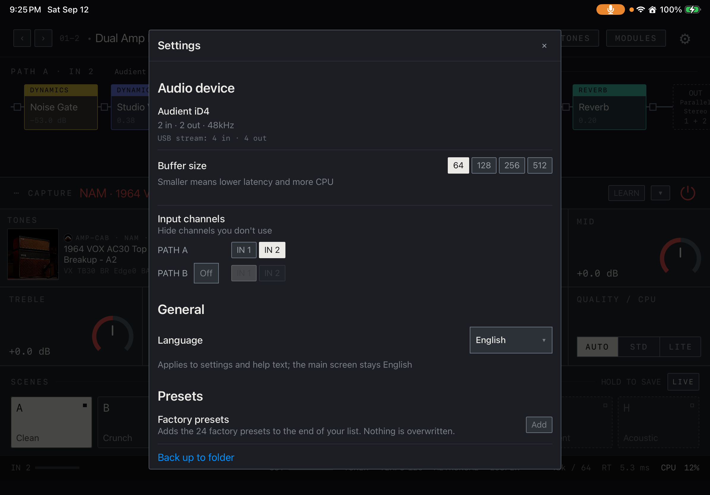NAM FX — iPad — Settings · audio and input channels