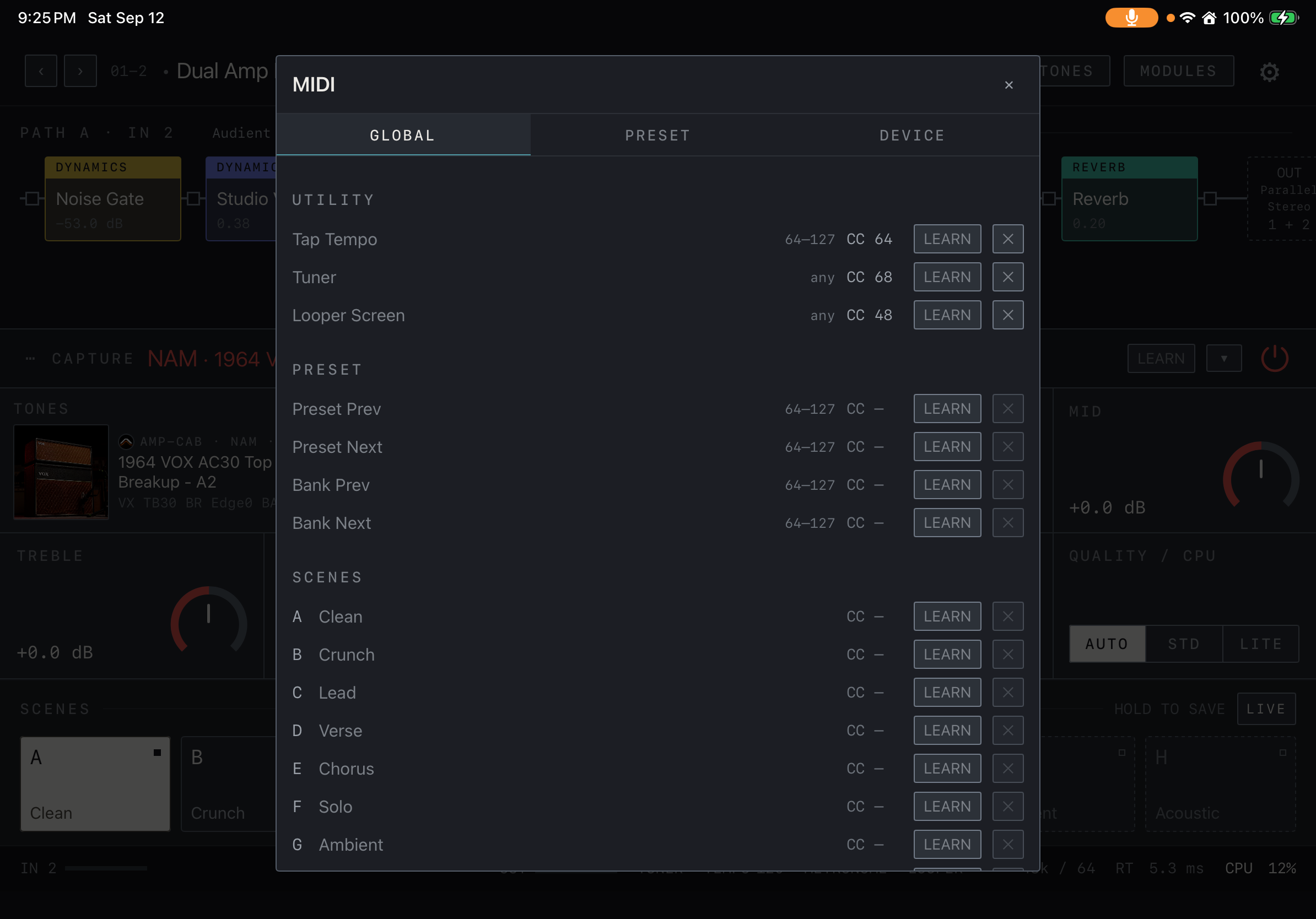 NAM FX — iPad — MIDI · controller assignments