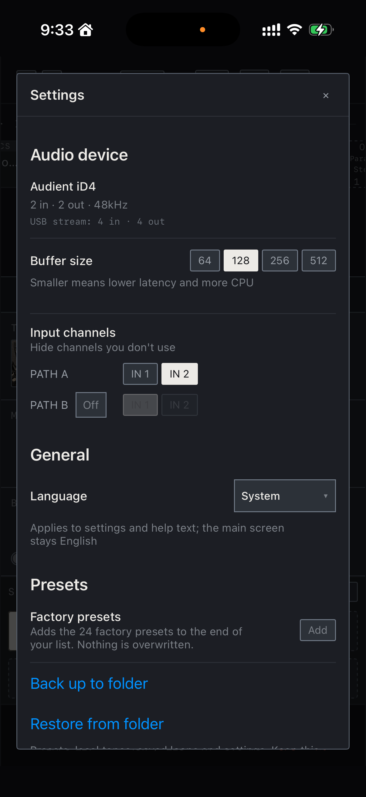 NAM FX — iPhone — Settings · audio and input channels