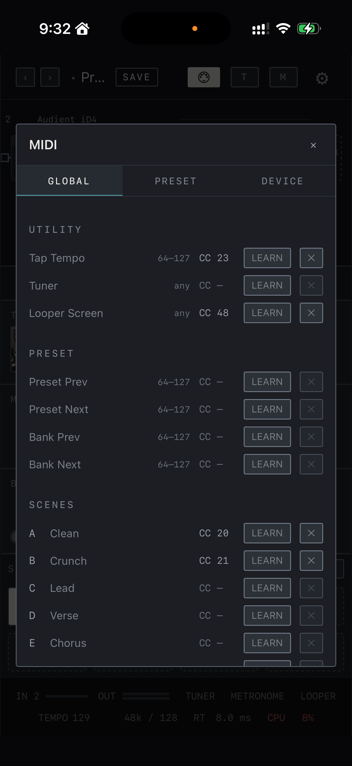 NAM FX — iPhone — MIDI · controller assignments