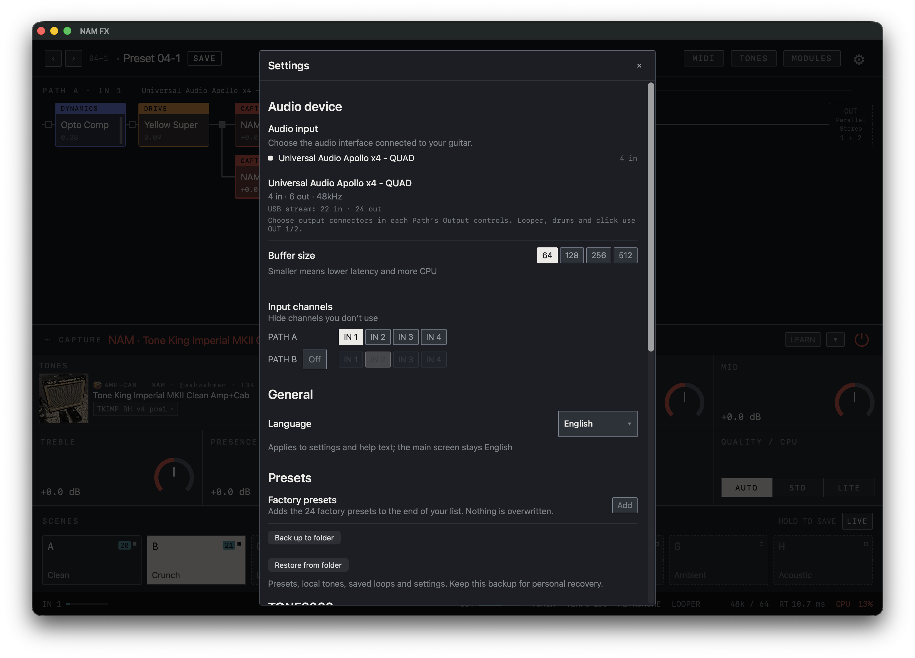 NAM FX — Mac — Settings · audio device and buffer