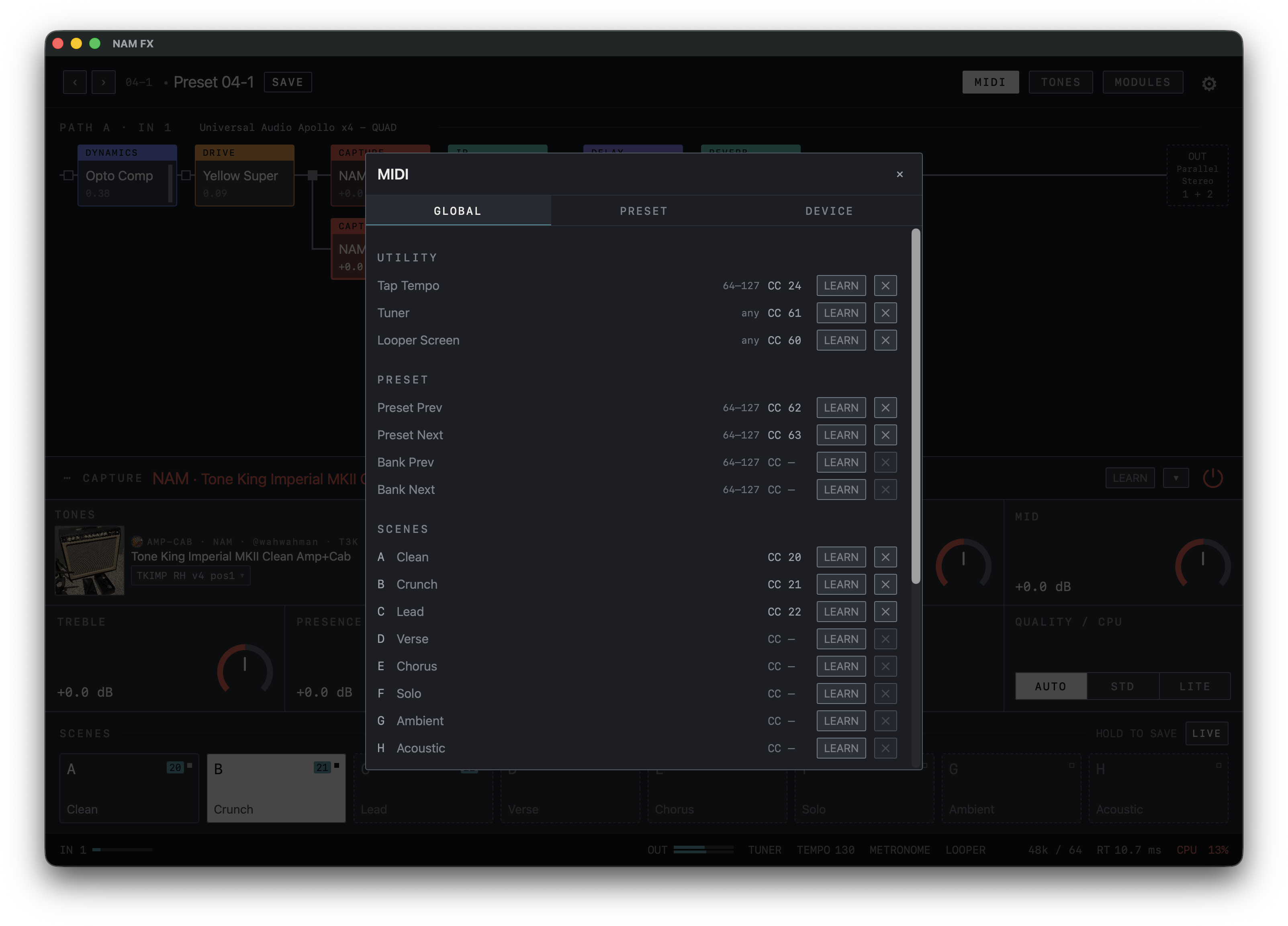 NAM FX — Mac — MIDI · controller assignments