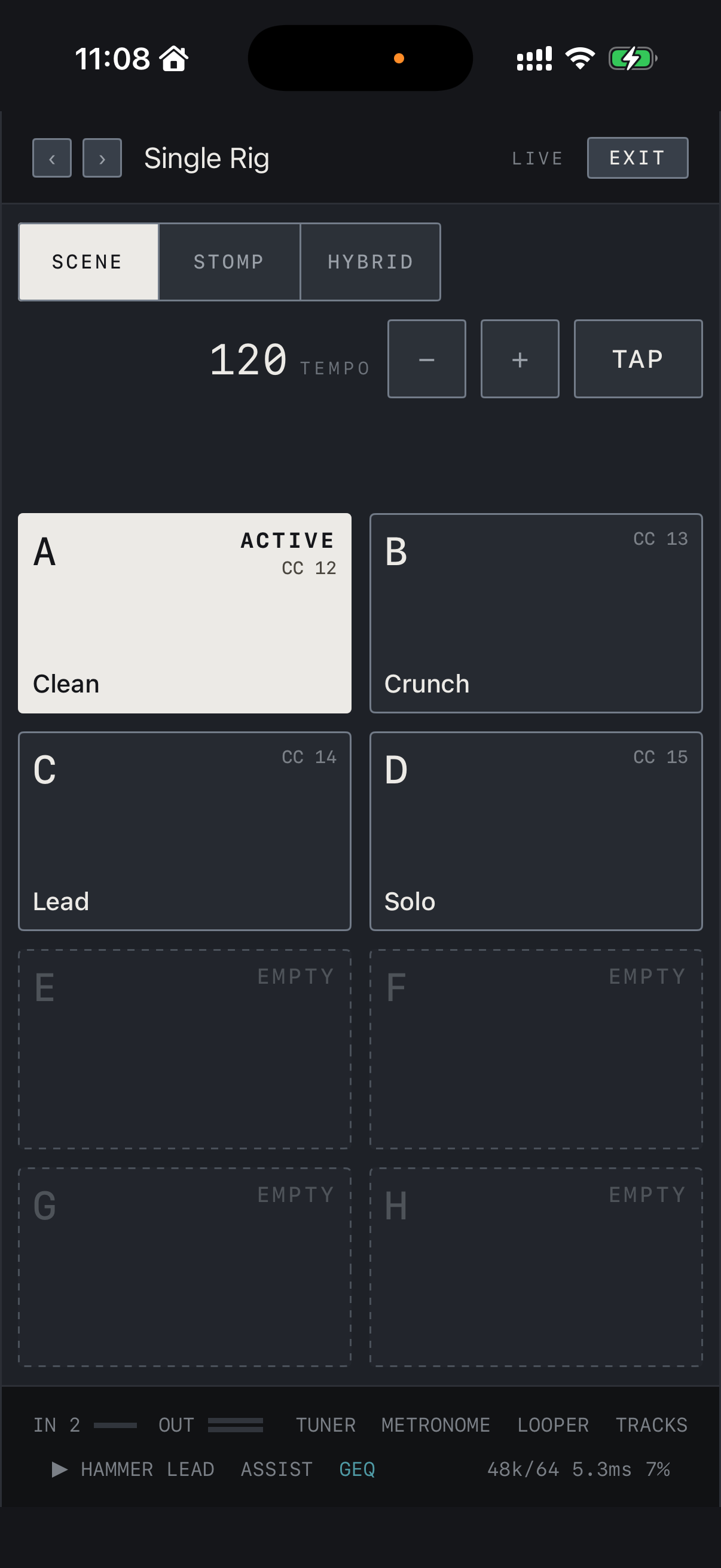 NAM FX on iPhone — SCENE · switch song sections