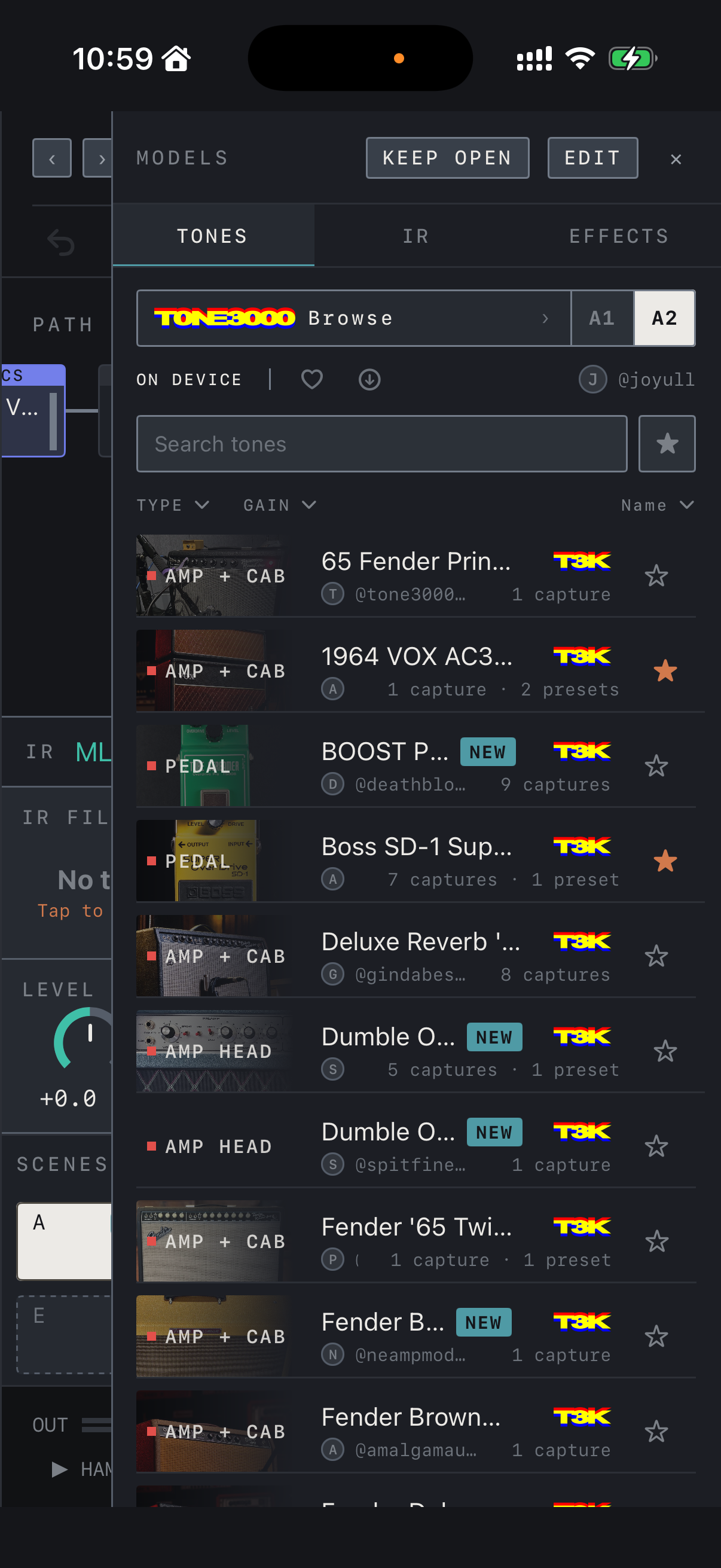 NAM FX on iPhone — The MODELS lists