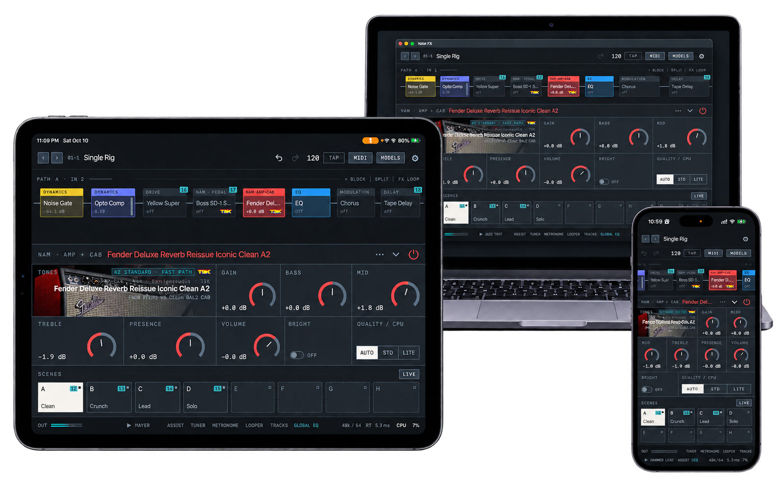 NAM FX on iPad, iPhone and MacBook in one product illustration, with the iPad editor prominent in front.
