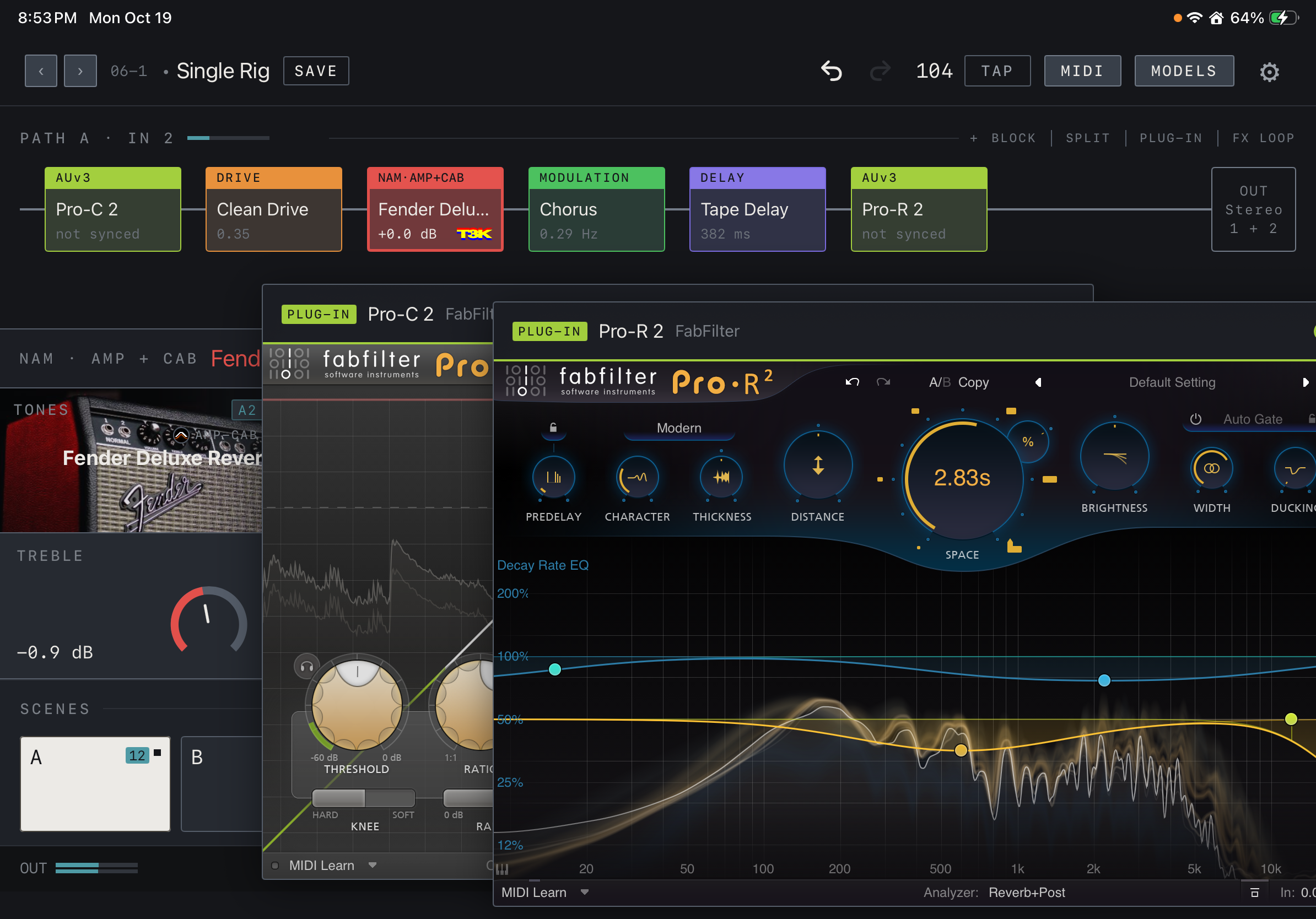 NAM FX — iPad — AUv3 Hosting with FabFilter Pro-C 2 · Pro-R 2