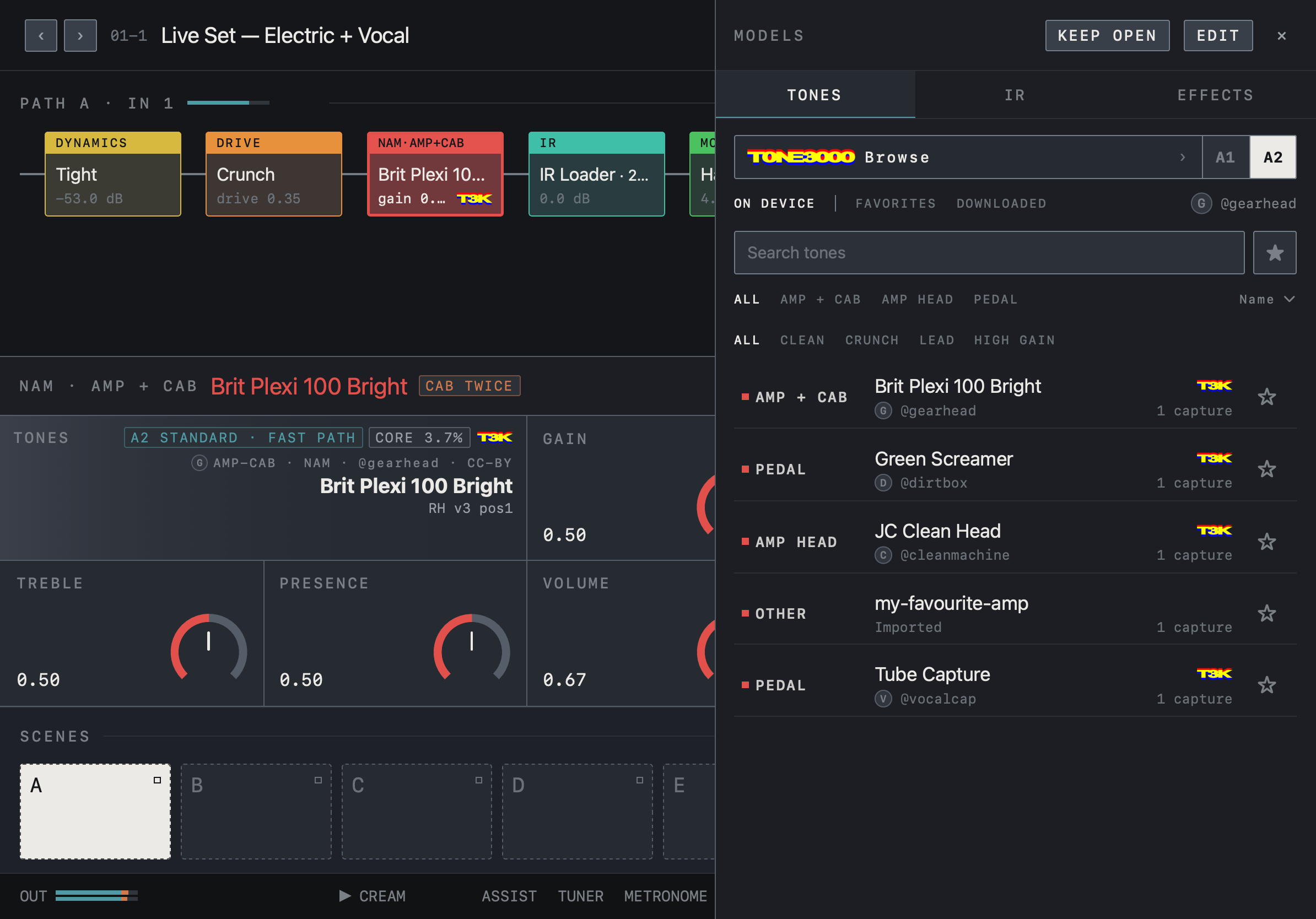 NAM FX — iPad — Tone list