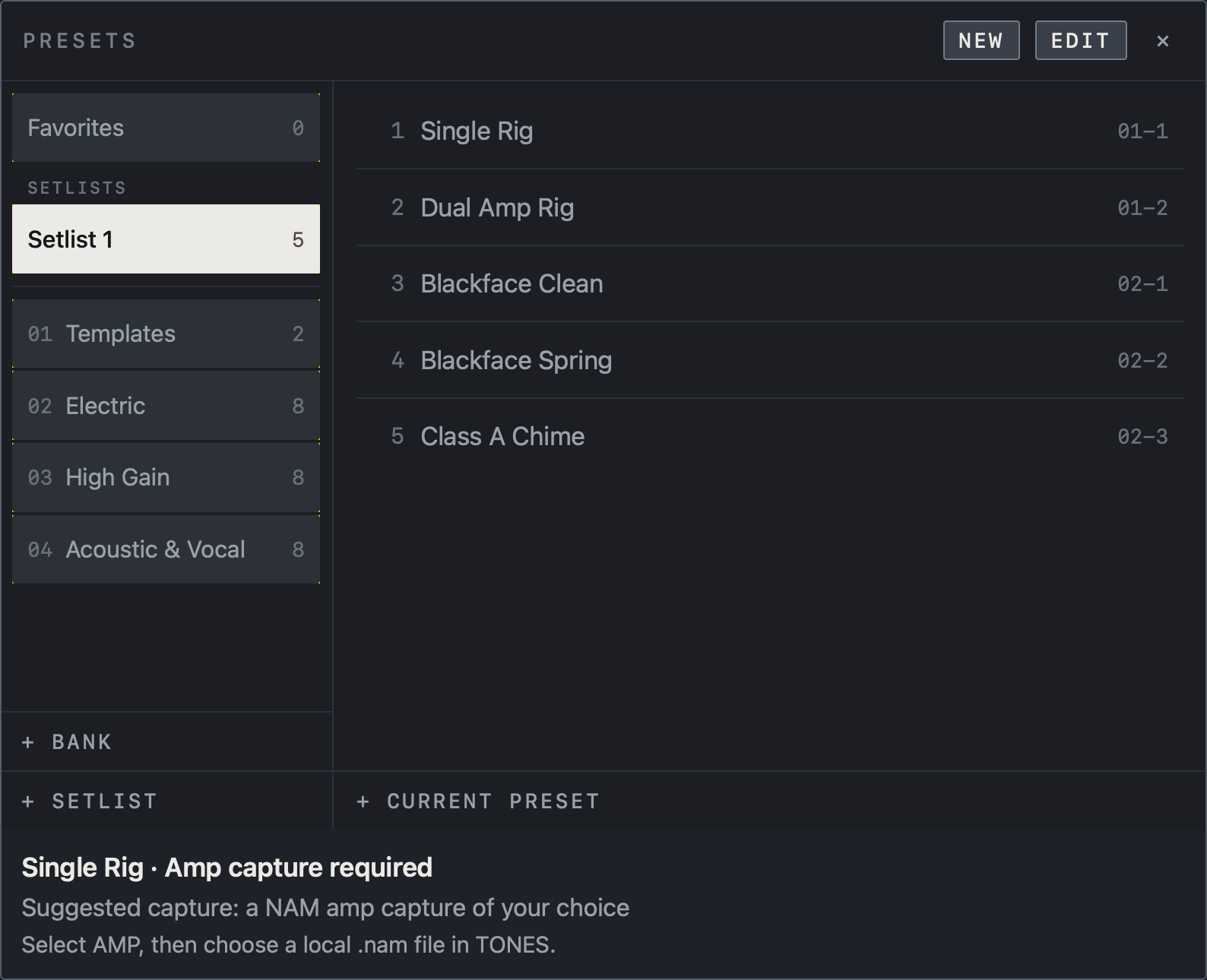 NAM FX on Mac — Setlists