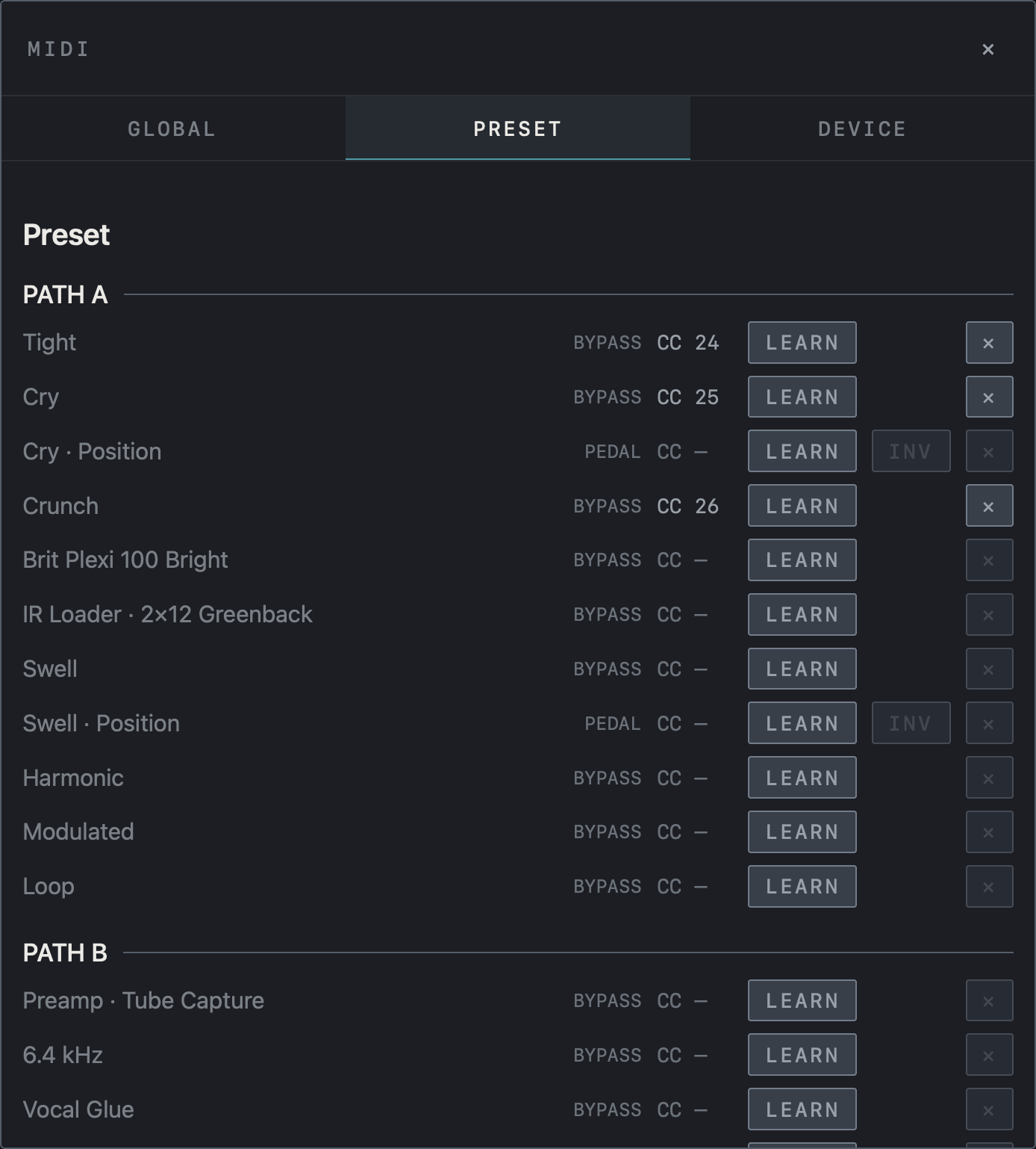 NAM FX iPad 화면 — 프리셋별 스위치와 페달