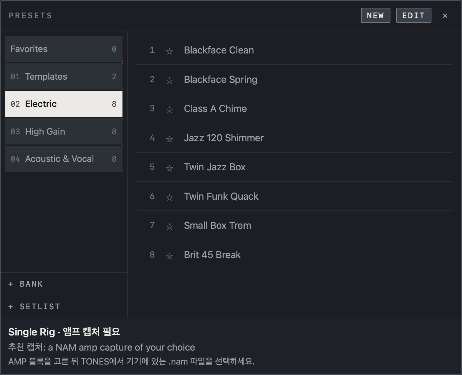 NAM FX iPad 화면 — 프리셋 저장