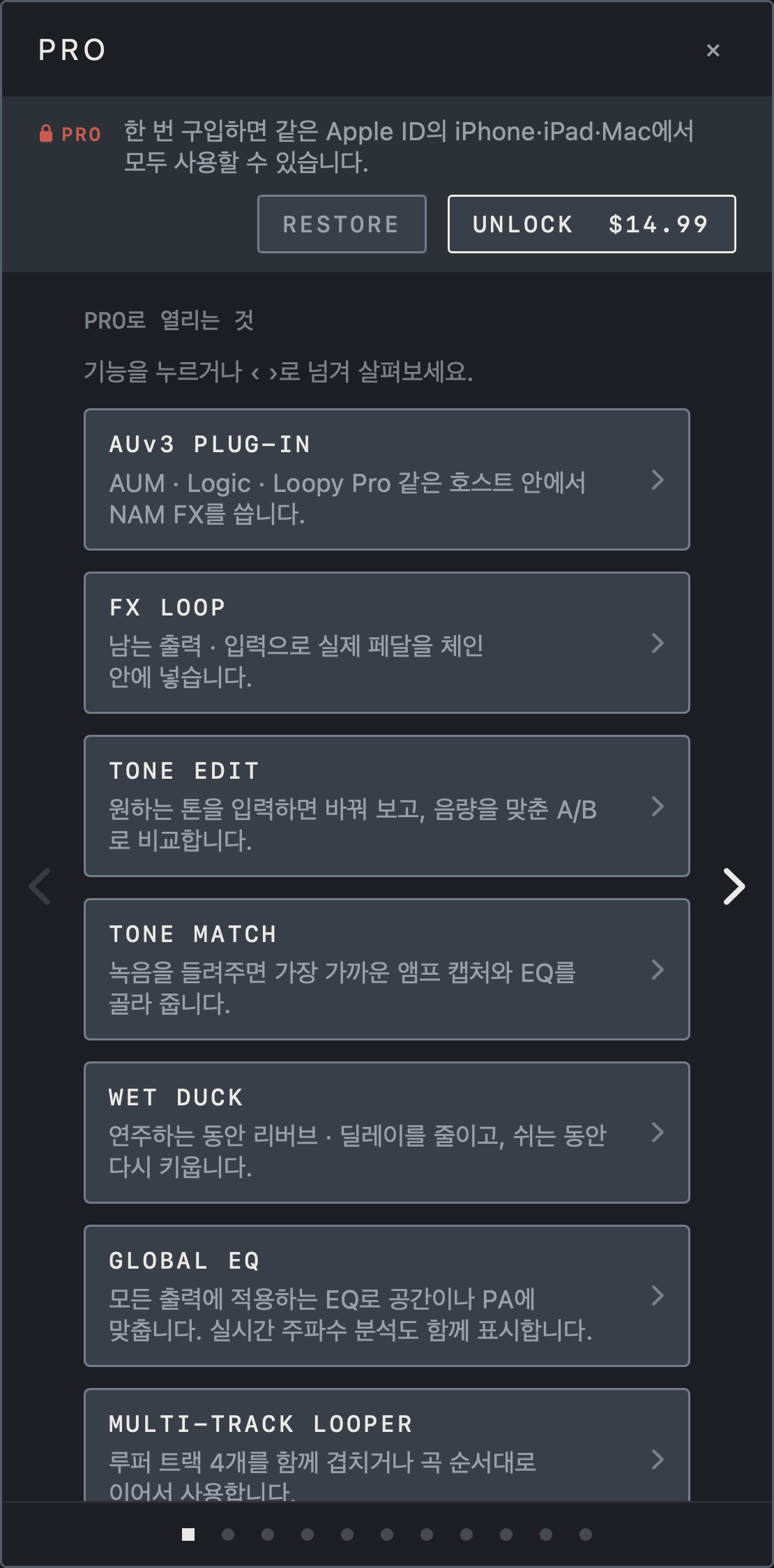 NAM FX iPhone 화면 — 구입과 복원